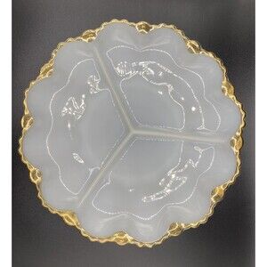 Vintage Milk Glass 3 Way Divided Dish Relish Tray Serving Gold Trim  10”